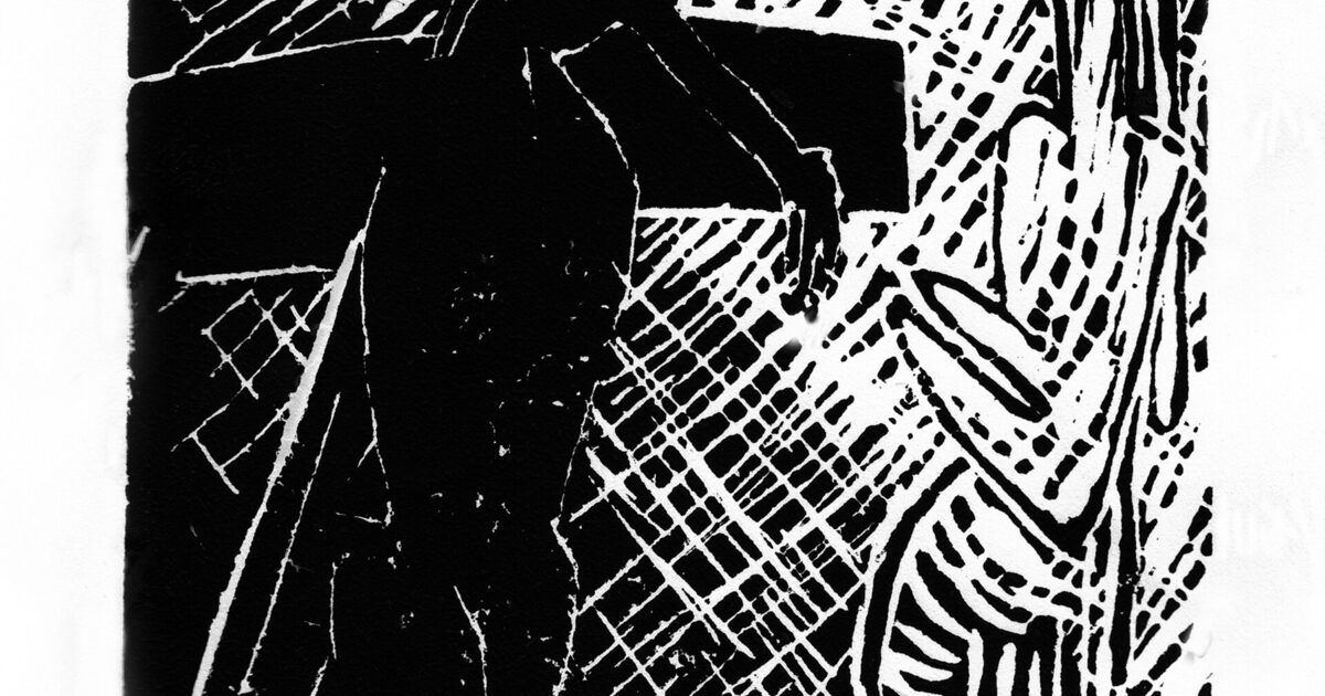 Schwarz-weiße grafische Illustration mit Personen-Silhouette und abstrakten, QR-Code-ähnlichen Rastermustern
